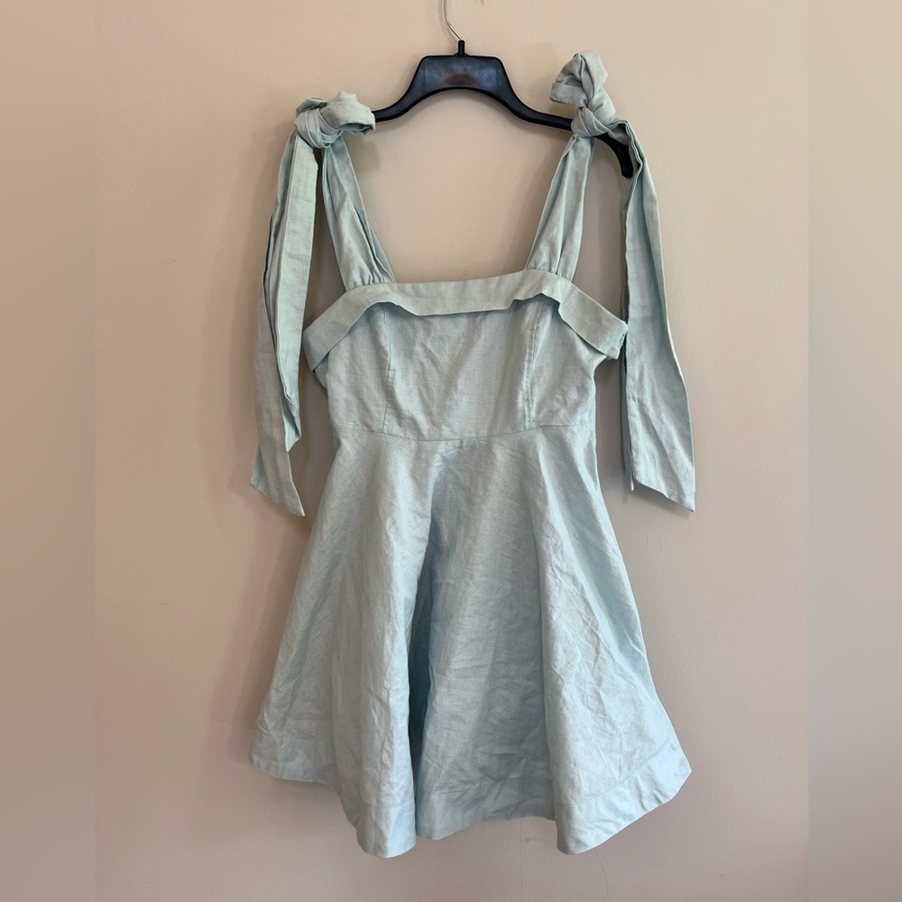 Mable Cotton Linen Shoulder Bows Fit & Flare Lined Light Blue Mini Dress, Medium
